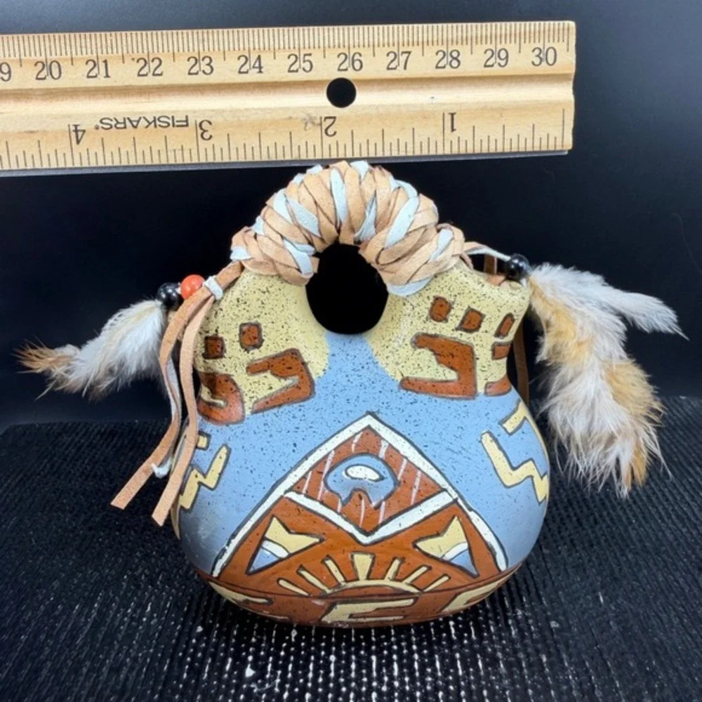 Southwestern Wedding Vase Hand Painted Buffalo Sun Pottery Feather Leather 4inch